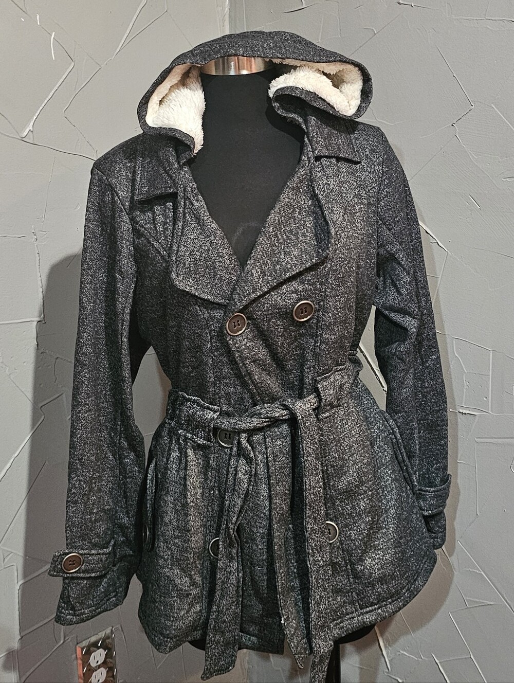 Paper tee Charcoal Hooded Double-Breasted Belted Trench